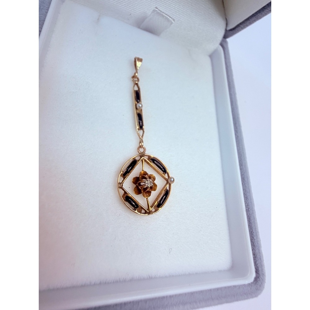 Antique 14K Yellow Gold Lavalier Pendant Seed Pearl Black Enamel Floral